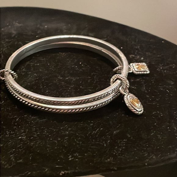 Two 8” silver tone double diamond etched bangle bracelets with 1” charms - Picture 6 of 14